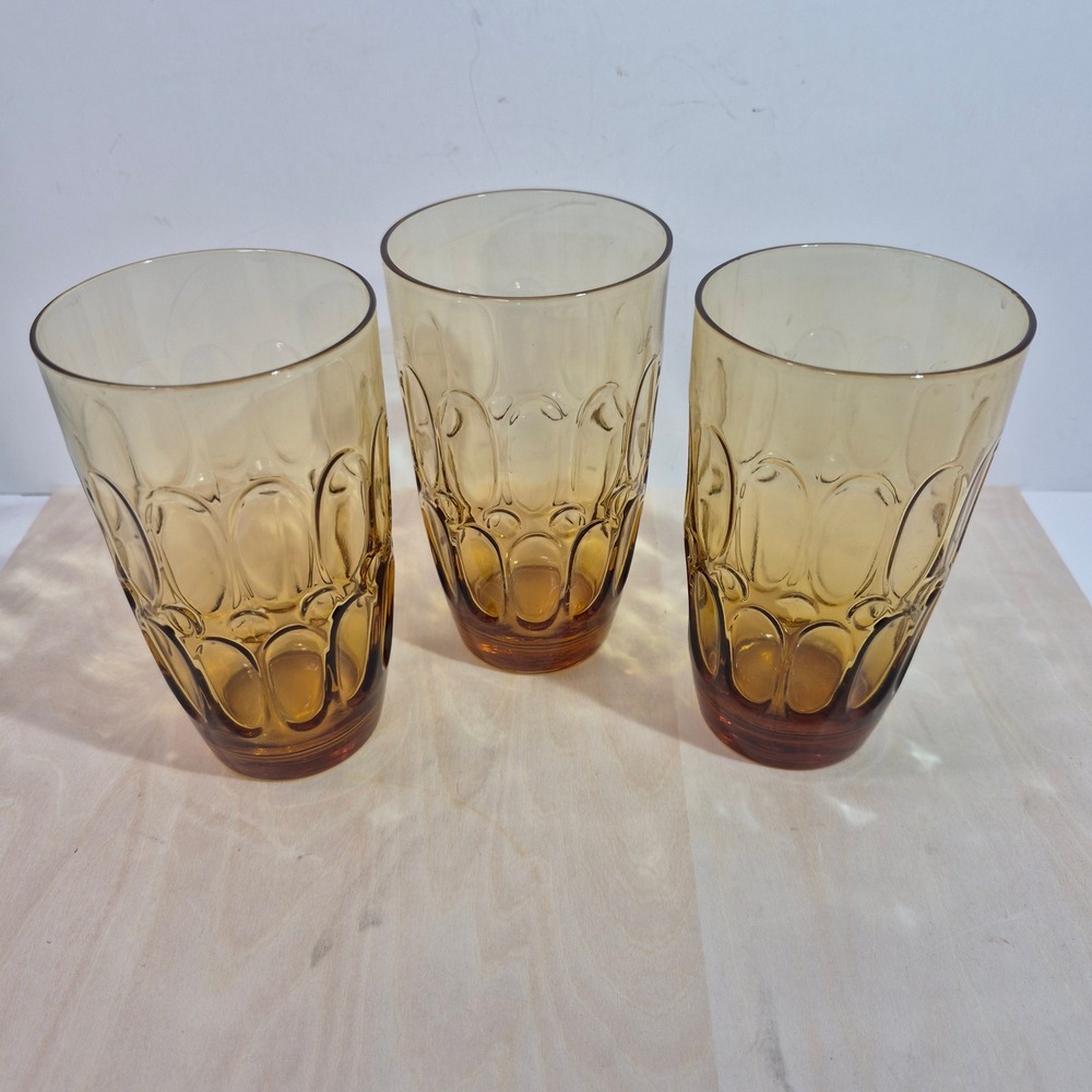 Fostoria Amber Glass Thumbprint Tumblers Vintage Iced Tea Glasses Set of 3 6in